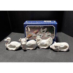 Vintage 1984 Japan Porcelain Animal Napkin Rings Set Of 4 Duck Cow Chicken Pig